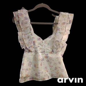 Wildfox Floral Ruffle Blouse - Cream and Purple Size Medium